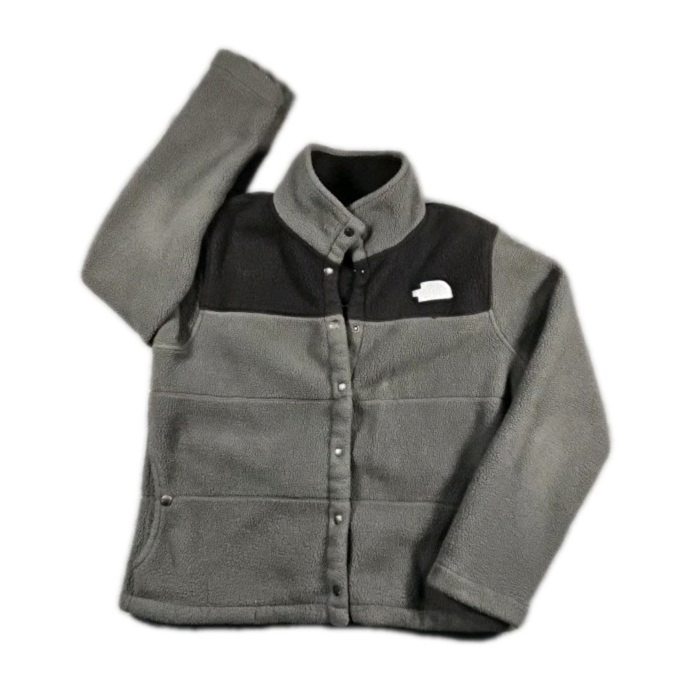 The North Face Jacket Gemma Fleece Pile Black Grey Snap-Up Pockets Women's Large
